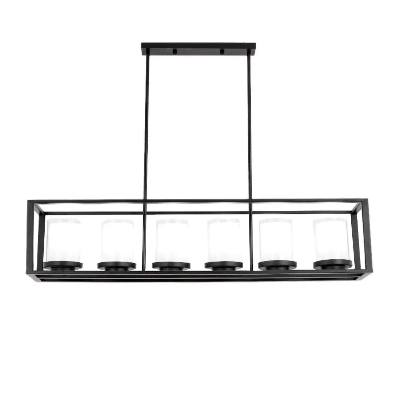 Traditional black rectangle frame pendant light with six clear glass cylinders for dining room lighting