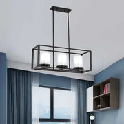 Traditional black rectangle frame pendant light with three frosted glass cylinders for dining room fixture