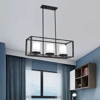 Traditional black rectangle frame pendant light with three frosted glass cylinders for dining room fixture