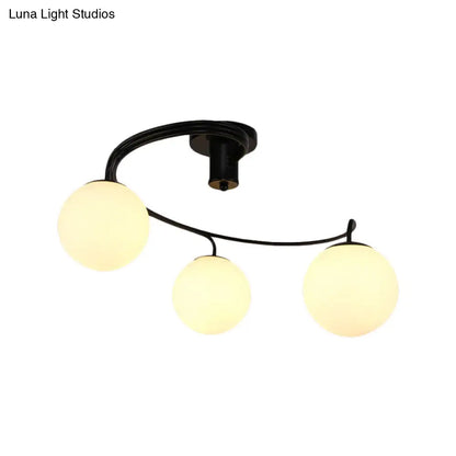 Traditional Black Semi Flush Ceiling Light with Globe White Glass Shade - 3/5 Lights for Living Room