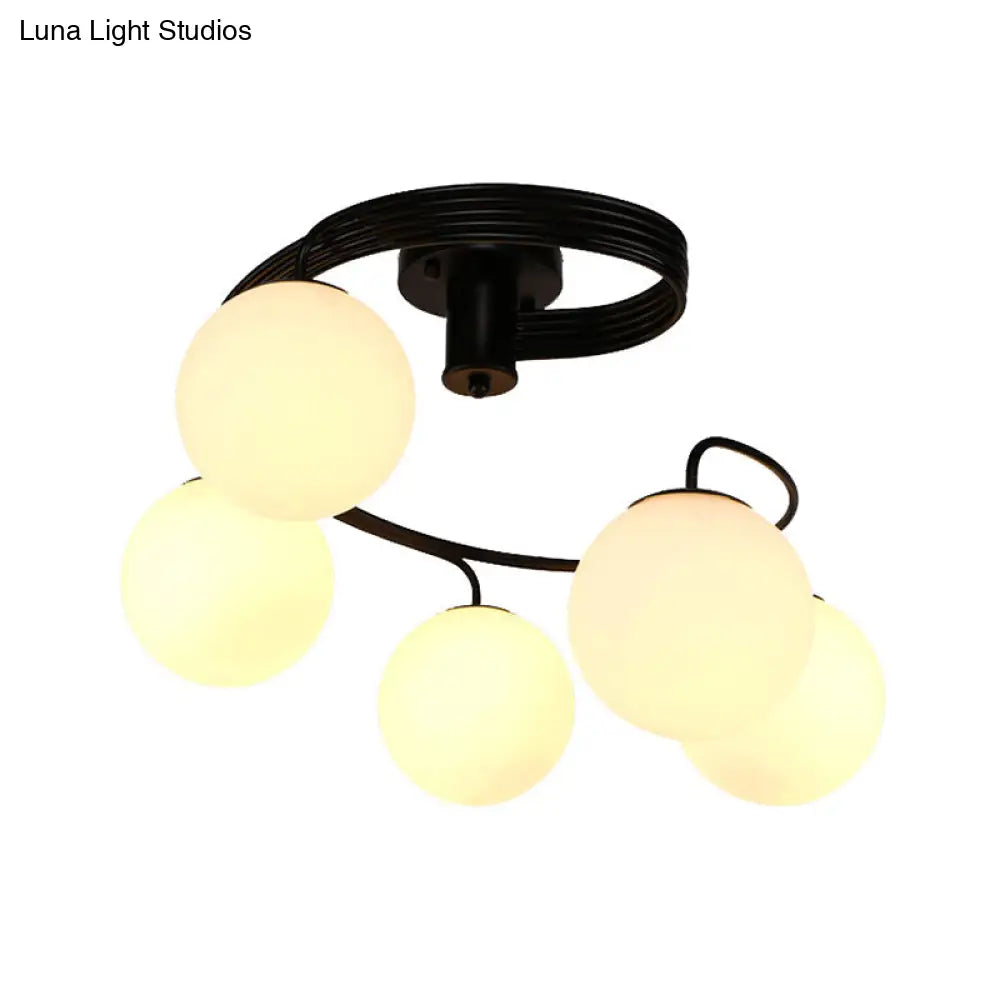 Traditional Black Semi Flush Ceiling Light with Globe White Glass Shade - 3/5 Lights for Living Room