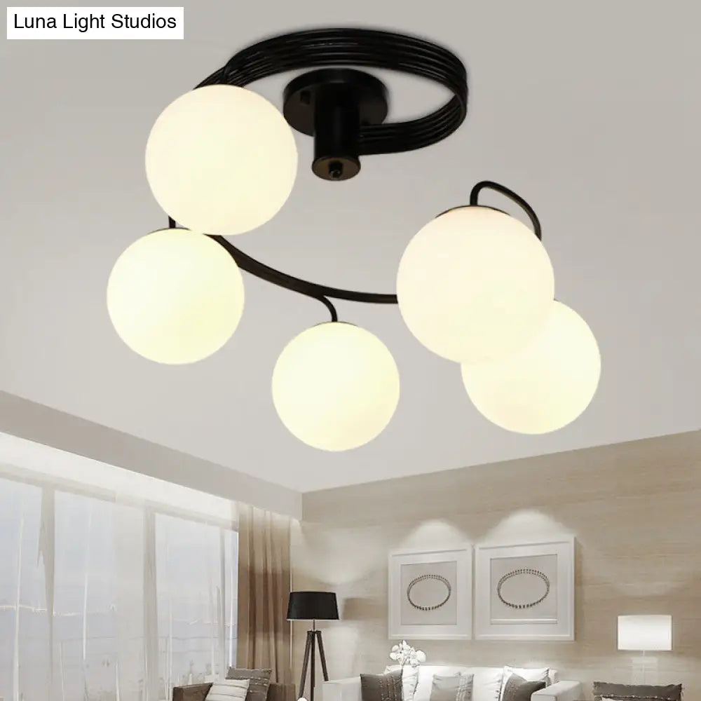 Traditional Black Semi Flush Ceiling Light with Globe White Glass Shade - 3/5 Lights for Living Room