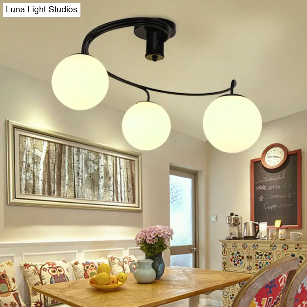 Traditional Black Semi Flush Ceiling Light with Globe White Glass Shade - 3/5 Lights for Living Room