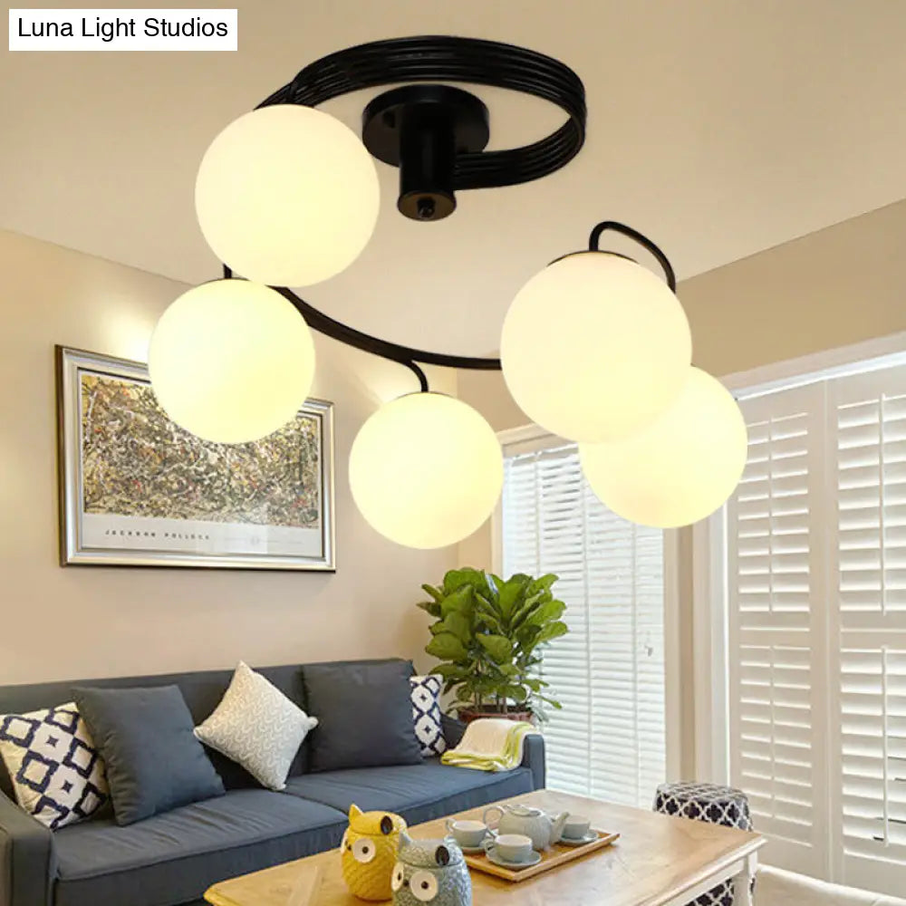 Traditional Black Semi Flush Ceiling Light with Globe White Glass Shade - 3/5 Lights for Living Room