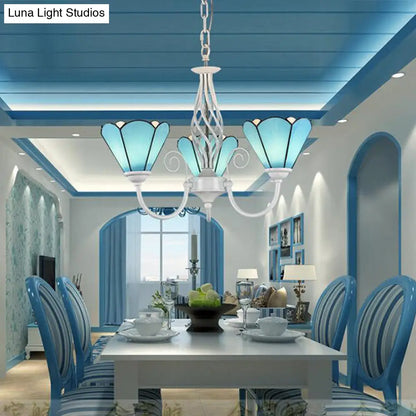 Traditional Blue Glass Cone Chandelier with 3 Lights for Dining Room