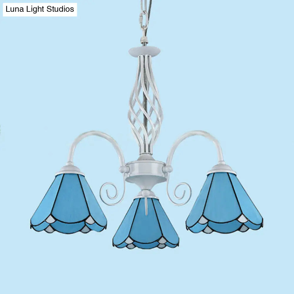 Traditional Blue Glass Cone Chandelier with 3 Lights for Dining Room