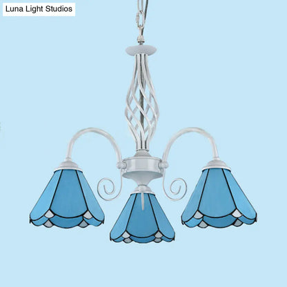 Traditional Blue Glass Cone Chandelier with 3 Lights for Dining Room
