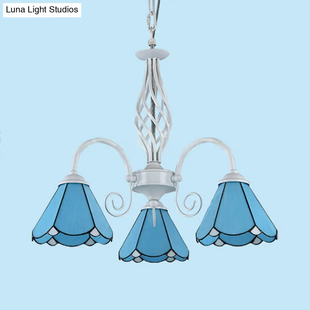 Traditional Blue Glass Cone Chandelier with 3 Lights for Dining Room