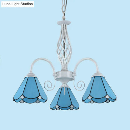 Traditional Blue Glass Cone Chandelier with 3 Lights for Dining Room