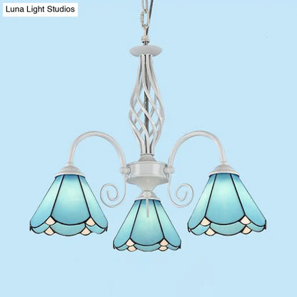 Traditional Blue Glass Cone Chandelier with 3 Lights for Dining Room