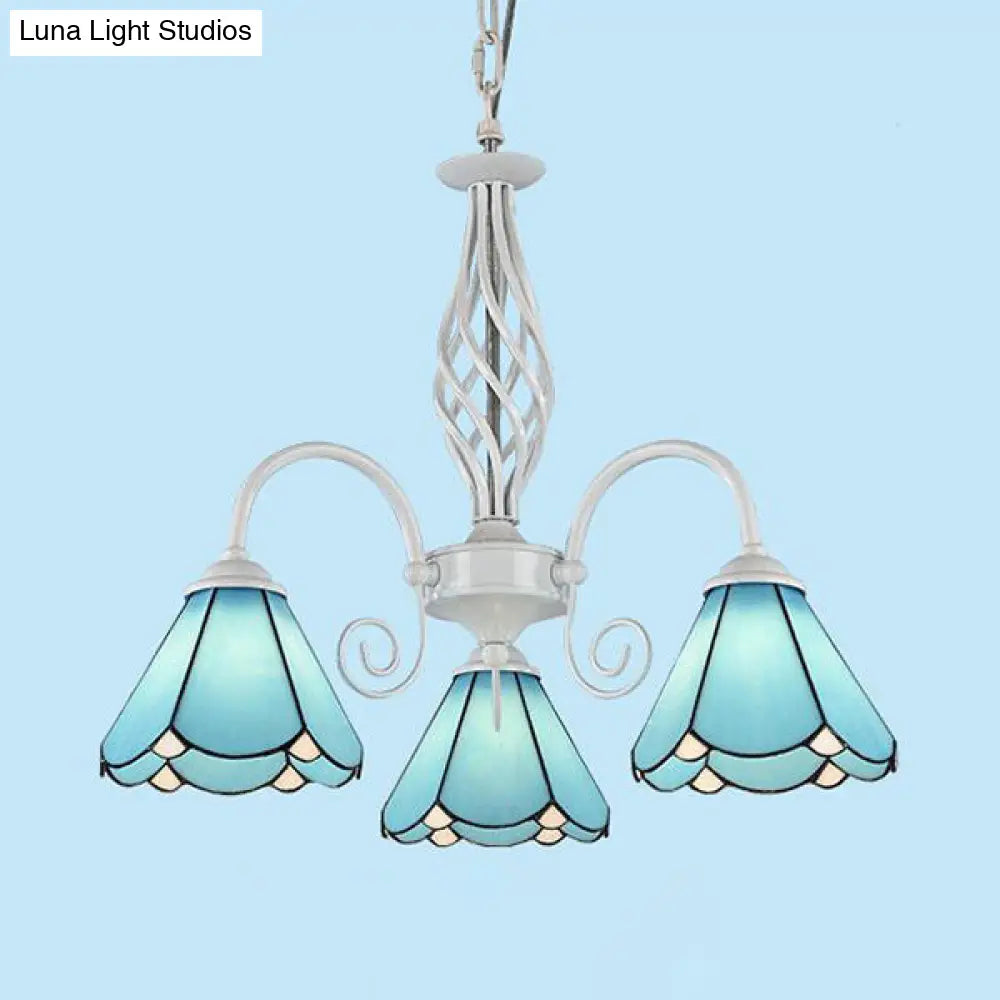 Traditional Blue Glass Cone Chandelier with 3 Lights for Dining Room