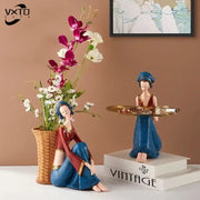 Blue and red resin ornaments featuring decorbites cute girls in traditional attire for living room storage decor