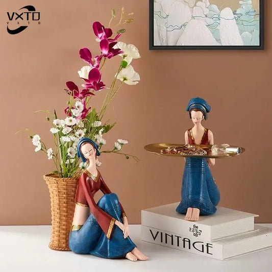 Blue and red resin ornaments featuring decorbites cute girls in traditional attire for living room storage decor