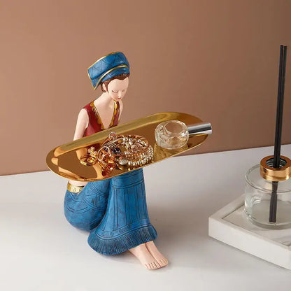 Blue and gold resin ornaments decorbites cute girls figurine holding ornate tray for living room storage decor