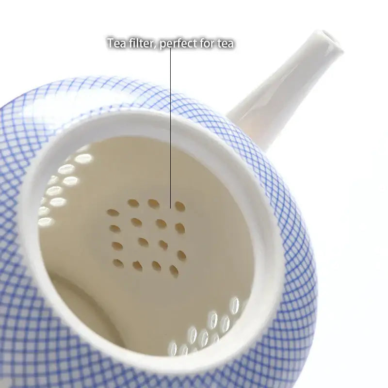 Traditional decorbites blue white porcelain tea pot with blue and white checkered ceramic infuser for steeping leaves