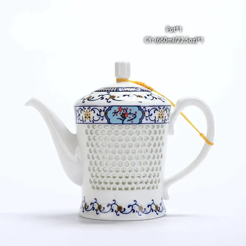 Traditional blue white porcelain tea pot with perforated body white ceramic decorbites blue white floral patterns