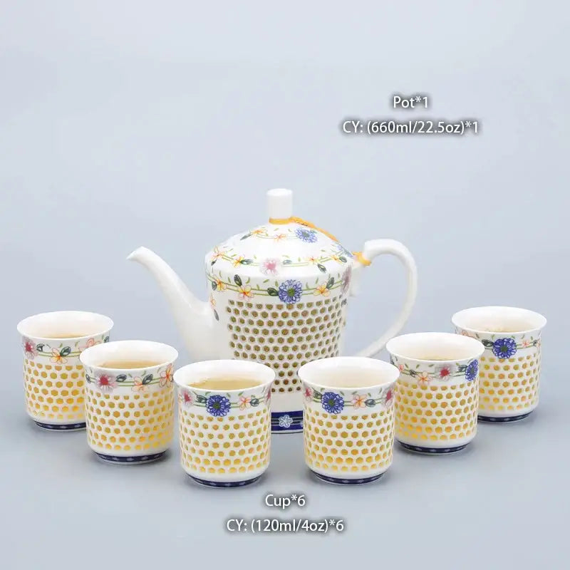 Traditional blue white porcelain tea pot with honeycomb pattern floral accents and gold-trimmed lid handle decorbites blue white