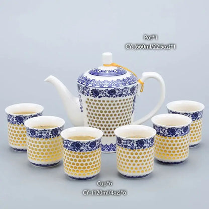 Traditional blue white porcelain tea pot and cups with perforated honeycomb pattern by decorbites for kitchen use