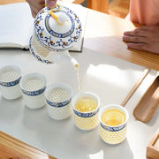 White porcelain tea set with blue white porcelain perforated body and gold floral patterns for decorbites blue white dining room