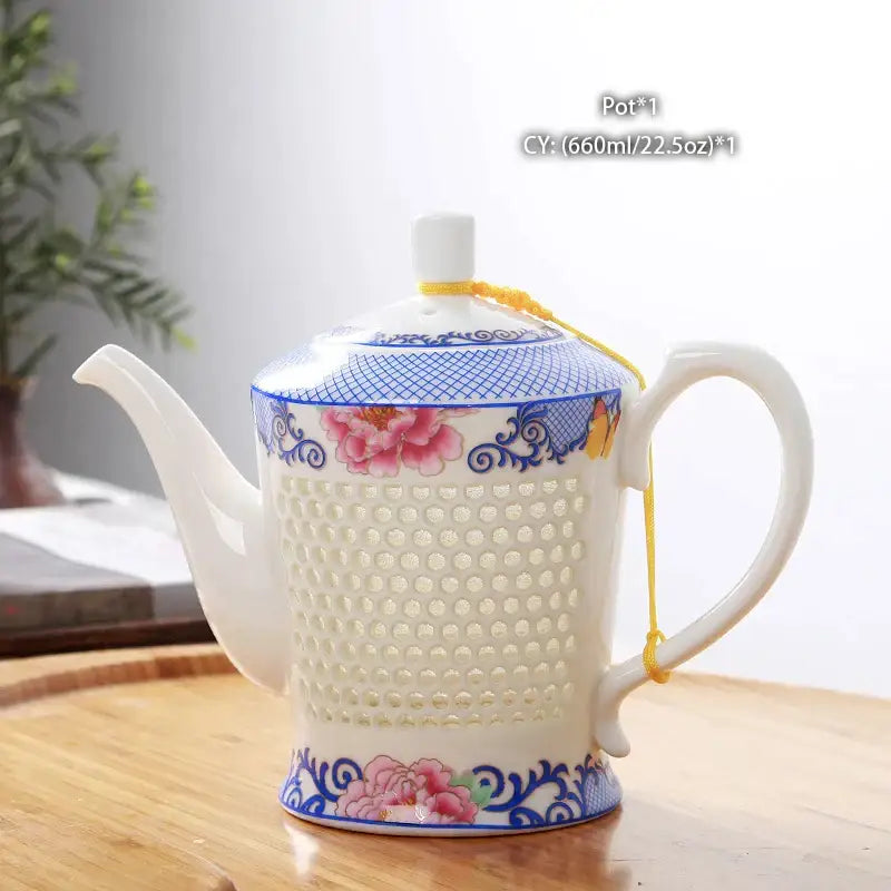 White porcelain tea teapot with blue white porcelain floral patterns and perforated body for decorbites blue white set