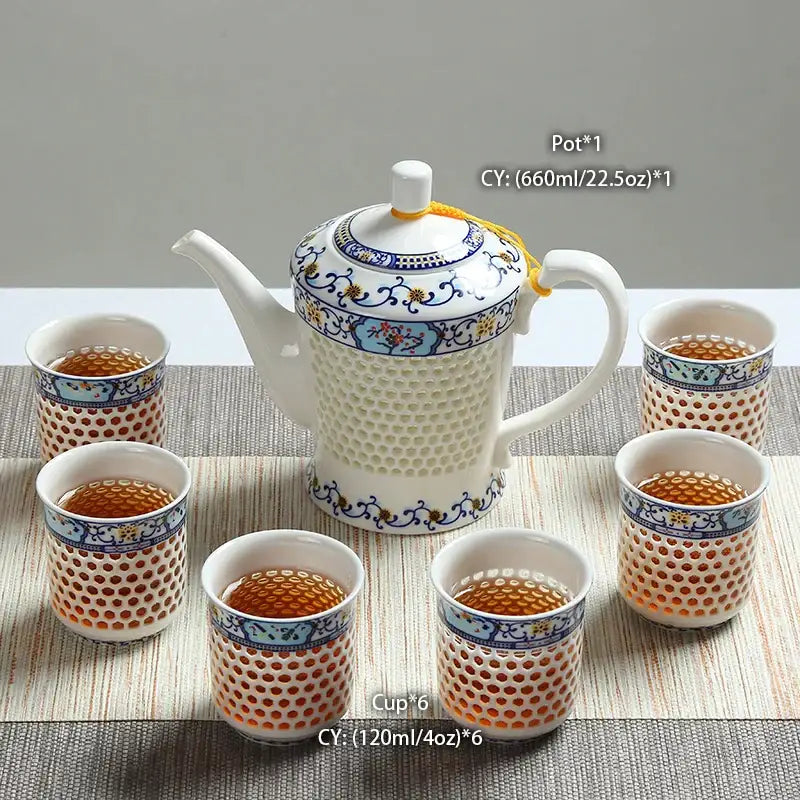 Traditional blue and white porcelain tea set with white porcelain honeycomb body and blue floral gold accents decorbites blue white