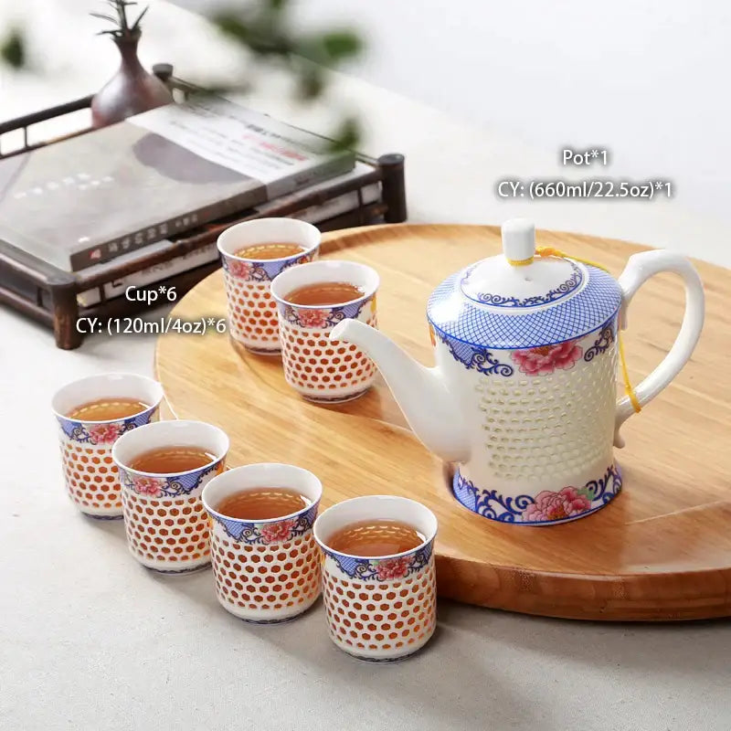 Traditional blue white porcelain tea set with textured white porcelain tea pot and matching cups decorbites blue white decor