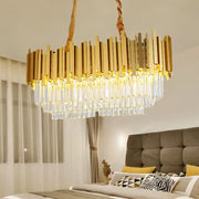 Traditional brass crystal chandelier dining room ceiling light with gold-toned rectangular design and cascading clear prisms 220v-240v 110v-120v