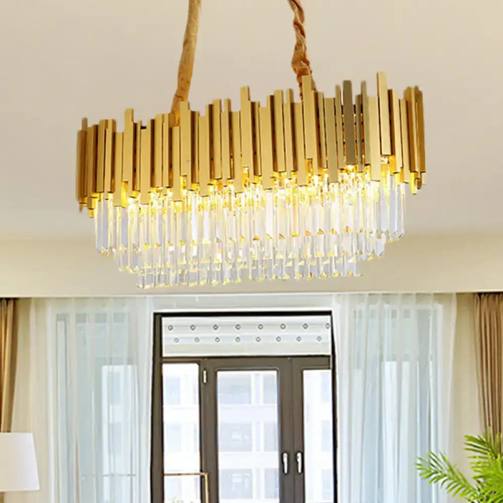 Traditional brass crystal chandelier dining room ceiling light with gold-toned vertical brass bars and hanging crystal droplets, 220v-240v 110v-120v