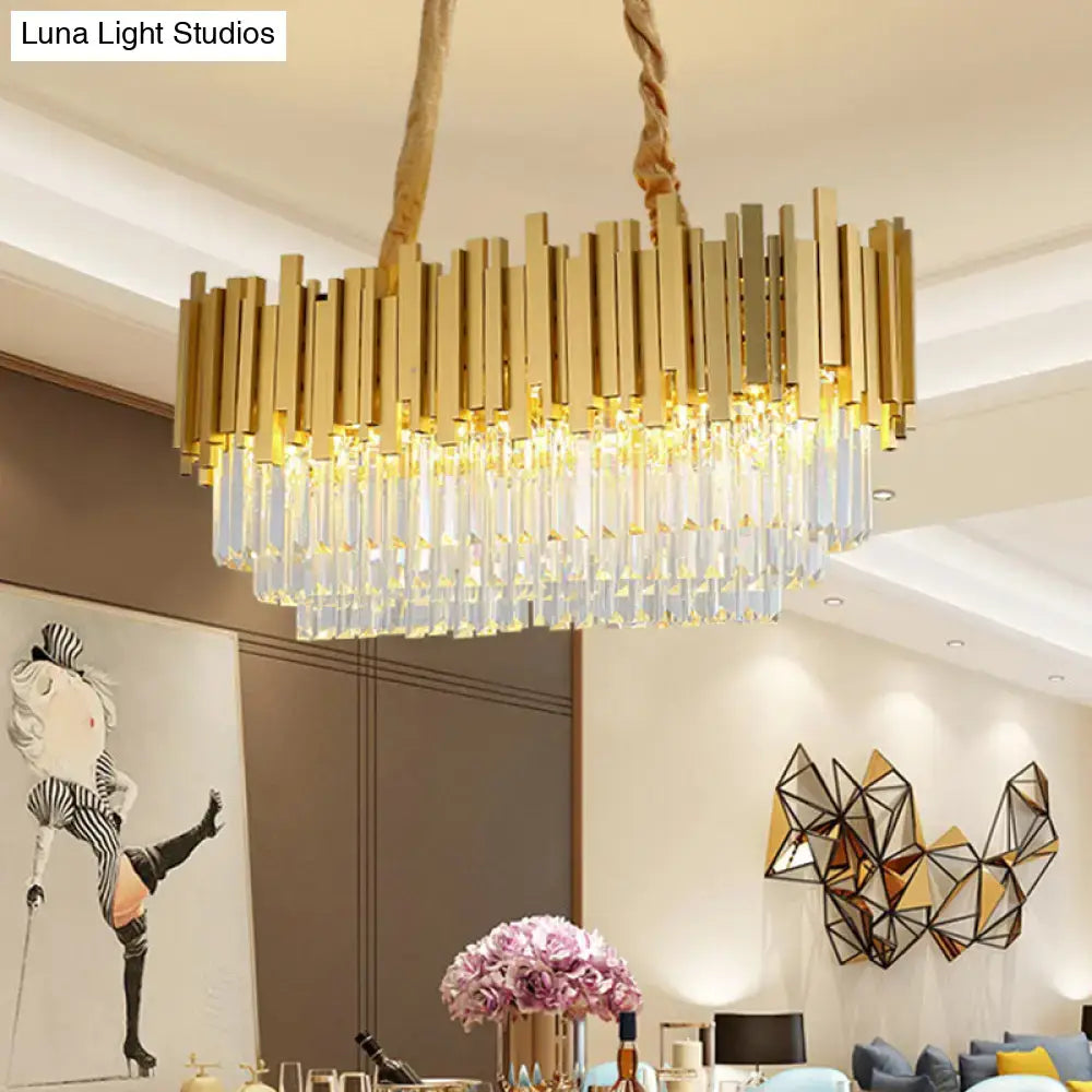 Traditional brass crystal chandelier dining room ceiling light with gold-toned vertical bars and cascading crystal prisms