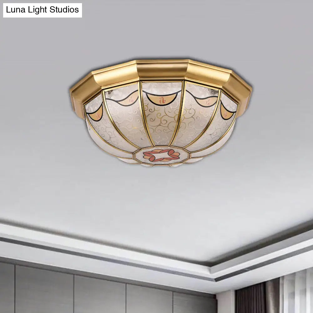 DecorBites™ DecorBites™ Traditional Brass Domed Shade Flush Ceiling Light with Frosted Glass - 4-Light Flush Mount for Dining Room Lighting, Elegant Flower Pattern