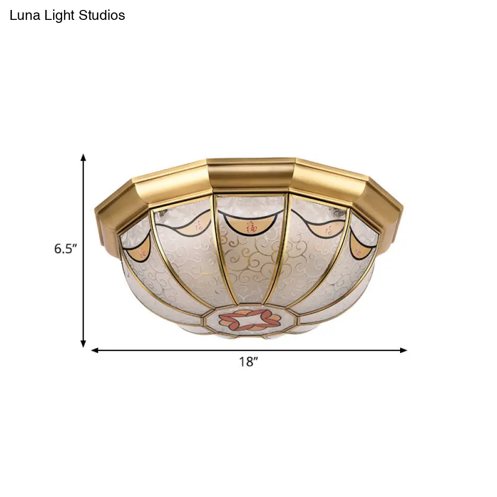 DecorBites™ DecorBites™ Traditional Brass Domed Shade Flush Ceiling Light with Frosted Glass - 4-Light Flush Mount for Dining Room Lighting, Elegant Flower Pattern