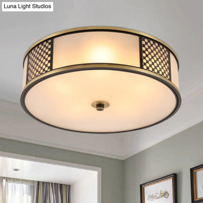 DecorBites™ DecorBites™ Traditional Brass Drum Flush Mount Ceiling Lamp, 5 Light White Glass, 16"/19.5" Width - Ideal for Living Room Lighting