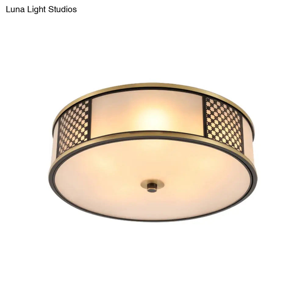 DecorBites™ DecorBites™ Traditional Brass Drum Flush Mount Ceiling Lamp, 5 Light White Glass, 16"/19.5" Width - Ideal for Living Room Lighting