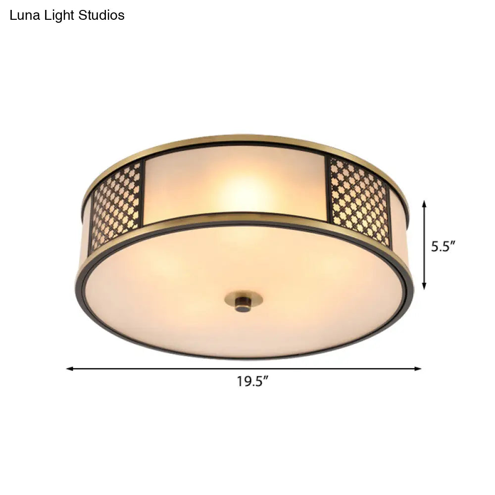 DecorBites™ DecorBites™ Traditional Brass Drum Flush Mount Ceiling Lamp, 5 Light White Glass, 16"/19.5" Width - Ideal for Living Room Lighting