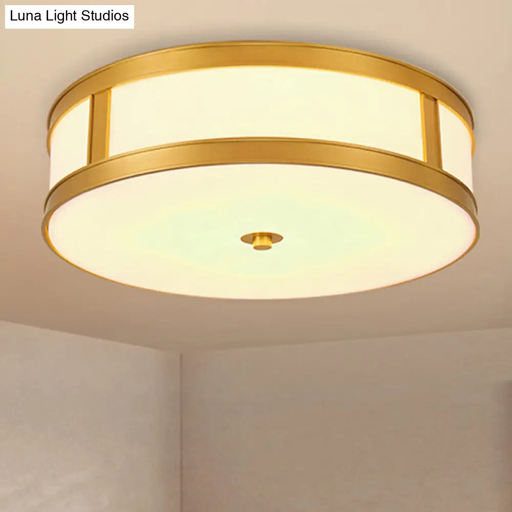 DecorBites™ DecorBites™ Traditional Brass Drum Flush Mount Ceiling Light Fixture with White Glass - 4 Lights - 14"/18" Width