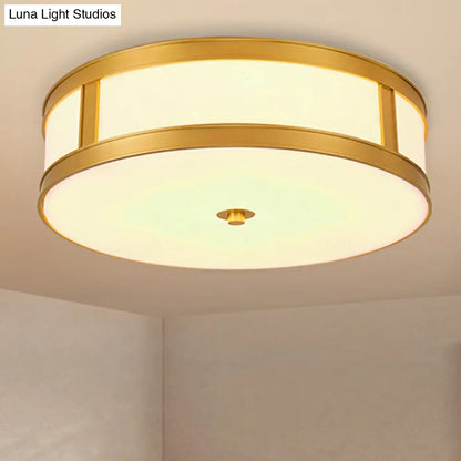 DecorBites™ DecorBites™ Traditional Brass Drum Flush Mount Ceiling Light Fixture with White Glass - 4 Lights - 14"/18" Width