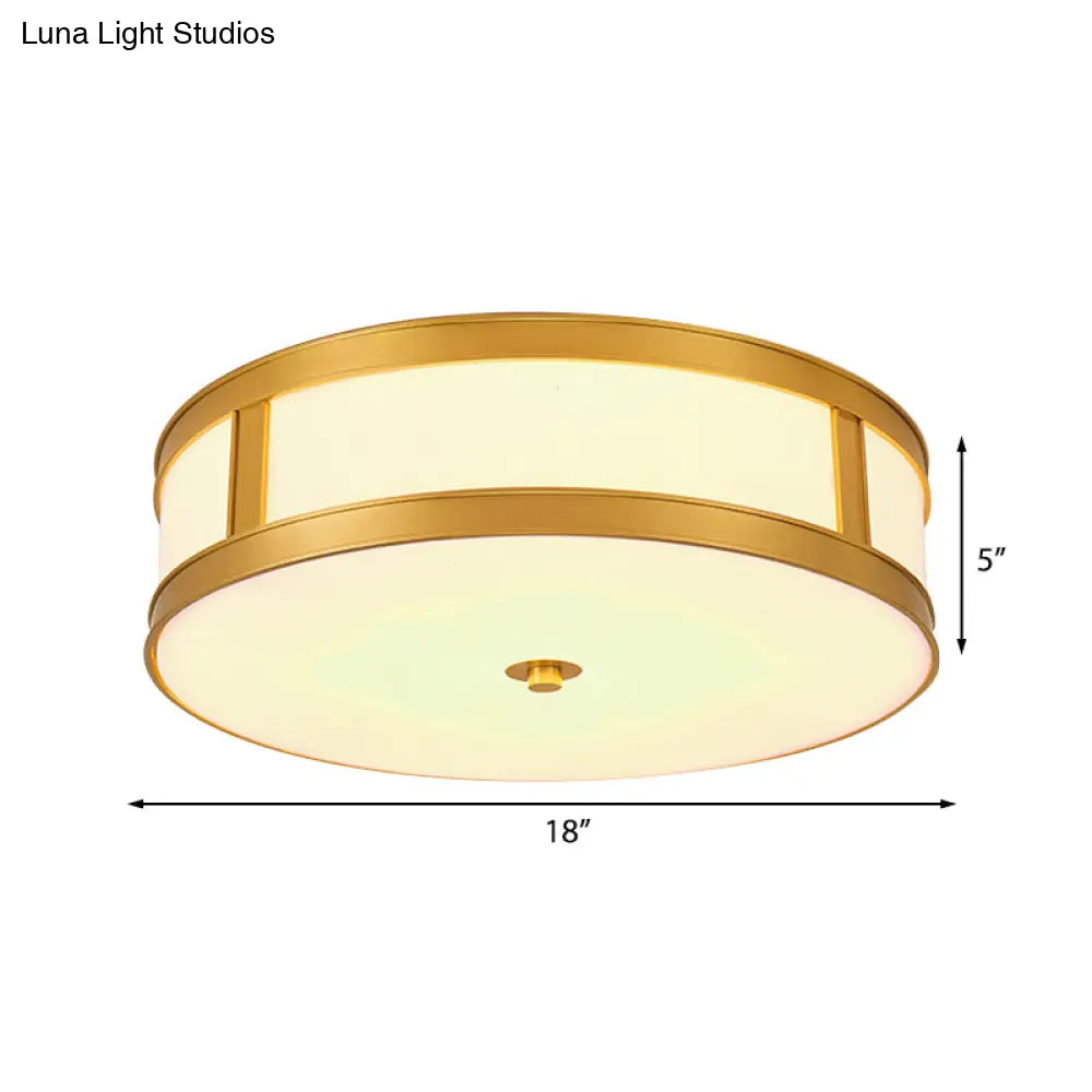 DecorBites™ DecorBites™ Traditional Brass Drum Flush Mount Ceiling Light Fixture with White Glass - 4 Lights - 14"/18" Width