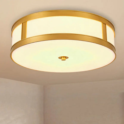 DecorBites™ DecorBites™ Traditional Brass Drum Flush Mount Ceiling Light Fixture with White Glass - 4 Lights - 14"/18" Width