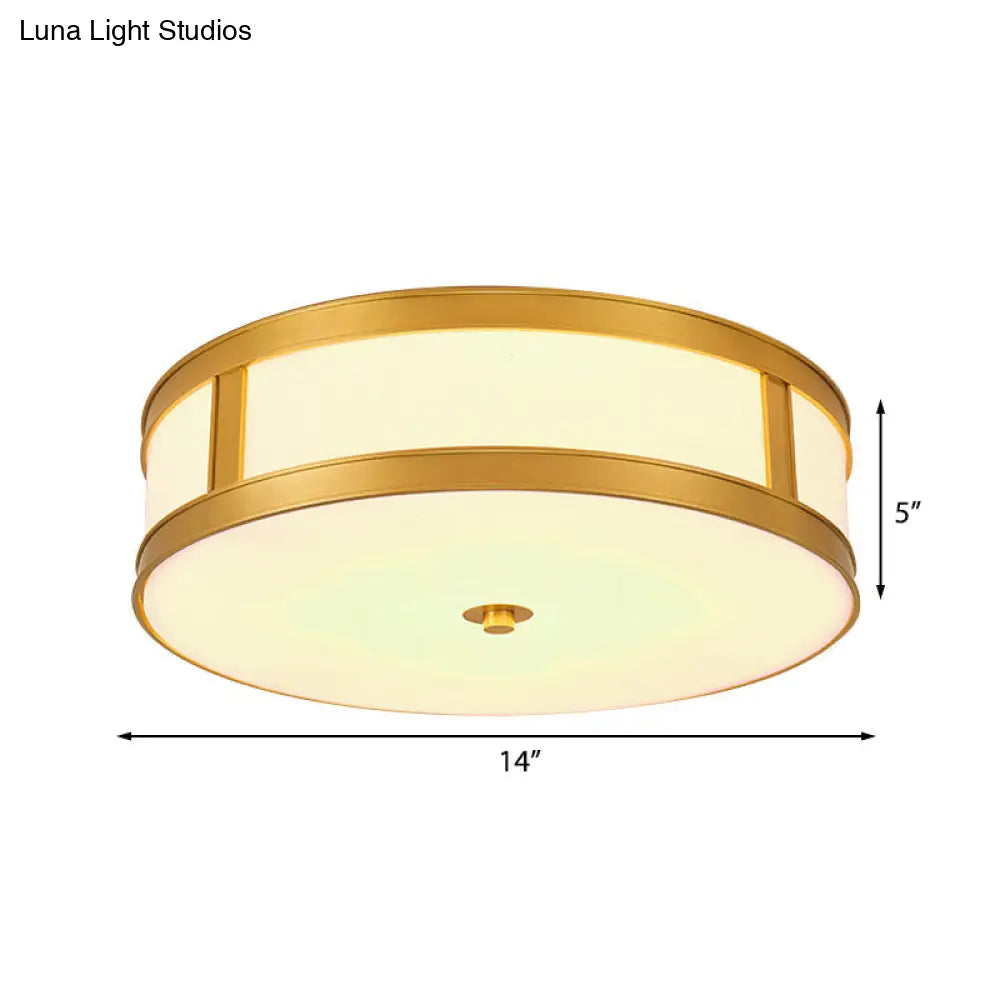 DecorBites™ DecorBites™ Traditional Brass Drum Flush Mount Ceiling Light Fixture with White Glass - 4 Lights - 14"/18" Width