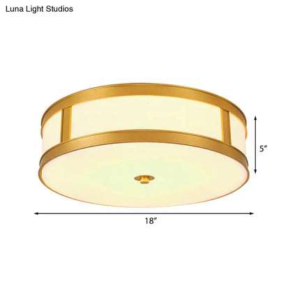 DecorBites™ DecorBites™ Traditional Brass Drum Flush Mount Ceiling Light Fixture with White Glass - 4 Lights - 14"/18" Width