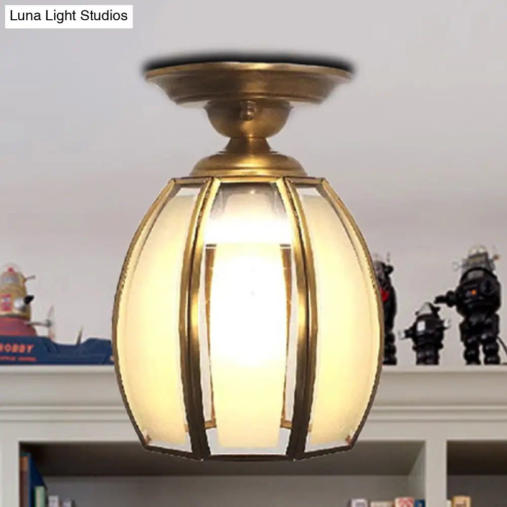 Traditional Brass Frosted Glass Semi Flush Mount Light for Living Room Ceiling