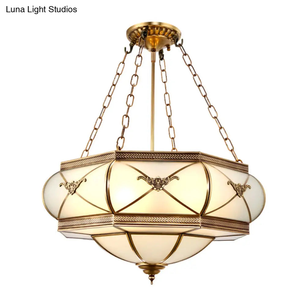 Traditional Brass Semi Flush Mount Ceiling Lamp with Opal Glass Drum – 4 Lights