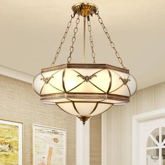 Traditional Brass Semi Flush Mount Ceiling Lamp with Opal Glass Drum – 4 Lights