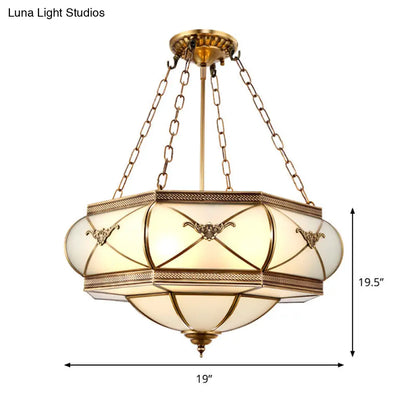 Traditional Brass Semi Flush Mount Ceiling Lamp with Opal Glass Drum – 4 Lights