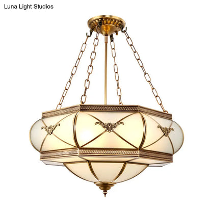 Traditional Brass Semi Flush Mount Ceiling Lamp with Opal Glass Drum – 4 Lights