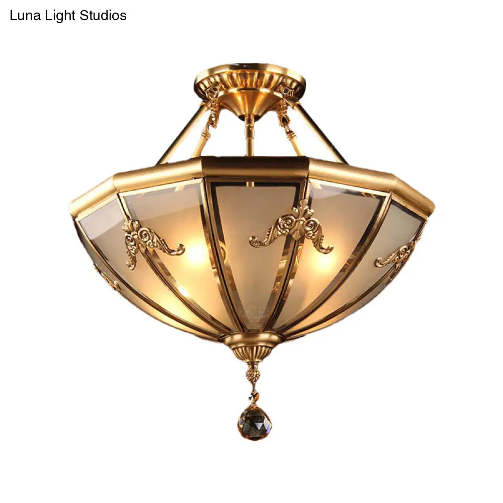 Traditional Brass Semi-Flush Mount Chandelier with Curved Frosted Glass Dome - 4 Lights Ceiling Mounted Light for Living Room