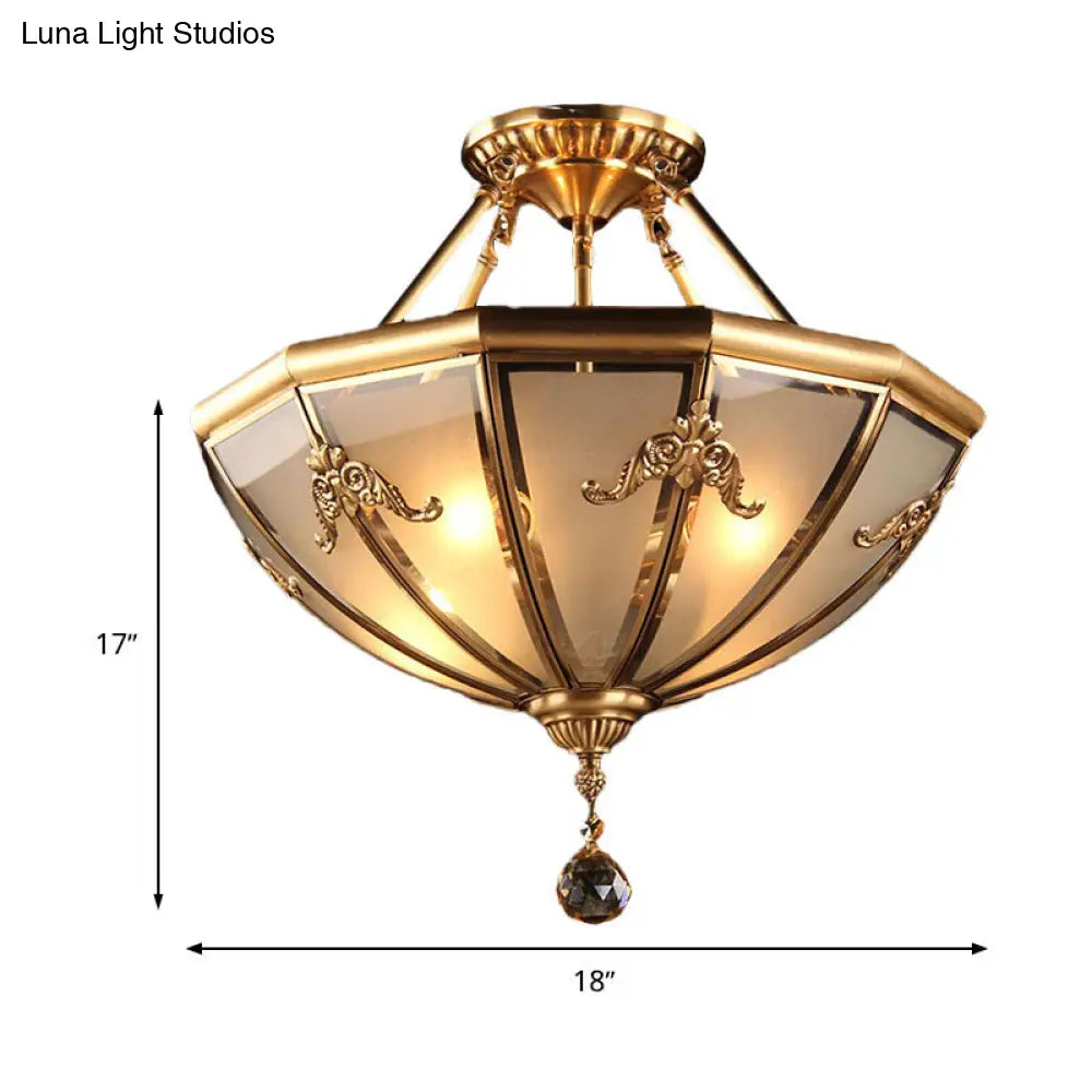 Traditional Brass Semi-Flush Mount Chandelier with Curved Frosted Glass Dome - 4 Lights Ceiling Mounted Light for Living Room