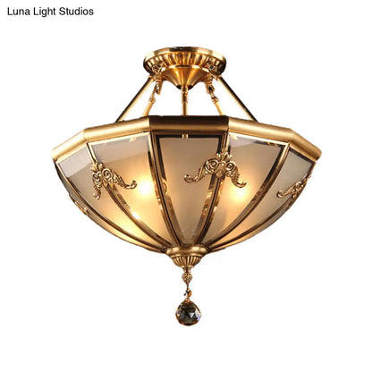 Traditional Brass Semi-Flush Mount Chandelier with Curved Frosted Glass Dome - 4 Lights Ceiling Mounted Light for Living Room