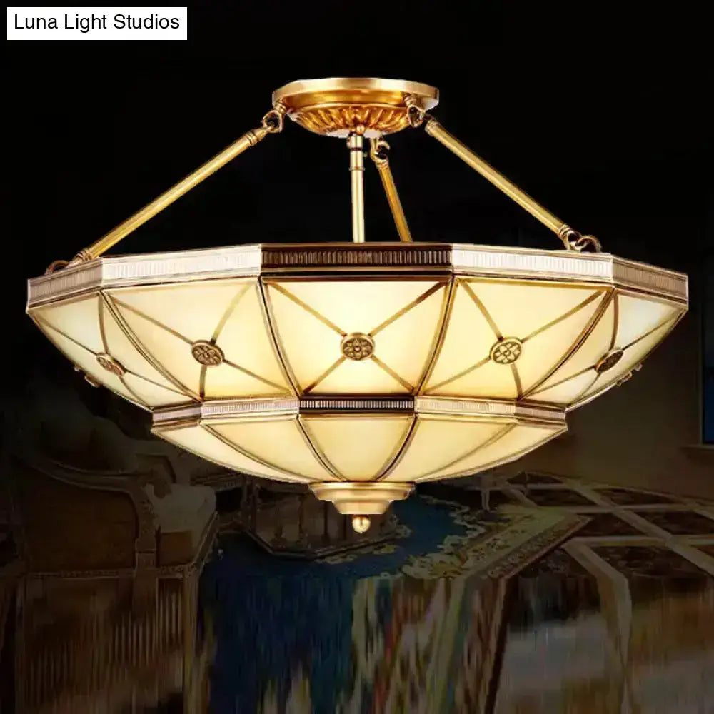 Gold-toned brass semi-flush mount fixture with 23.5’’/32’’ width and octagonal frosted glass shade for 220v-240v use