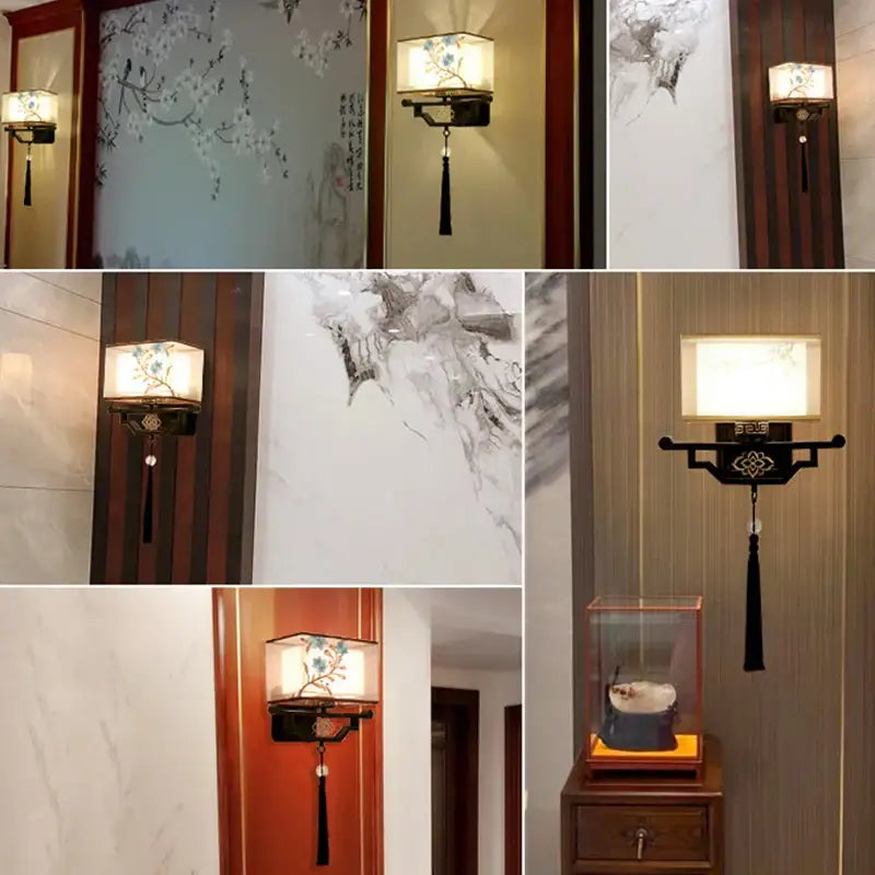 Traditional bronze floral elegant fabric wall lamp with embroidered paper shade and ornate black metal bracket decorbites elegant fabric wall